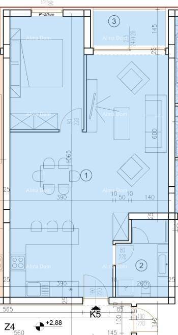 Grundriss einer Wohnung mit offenem Wohnbereich, Esszimmer, Küche, Schlafzimmer und Bad.