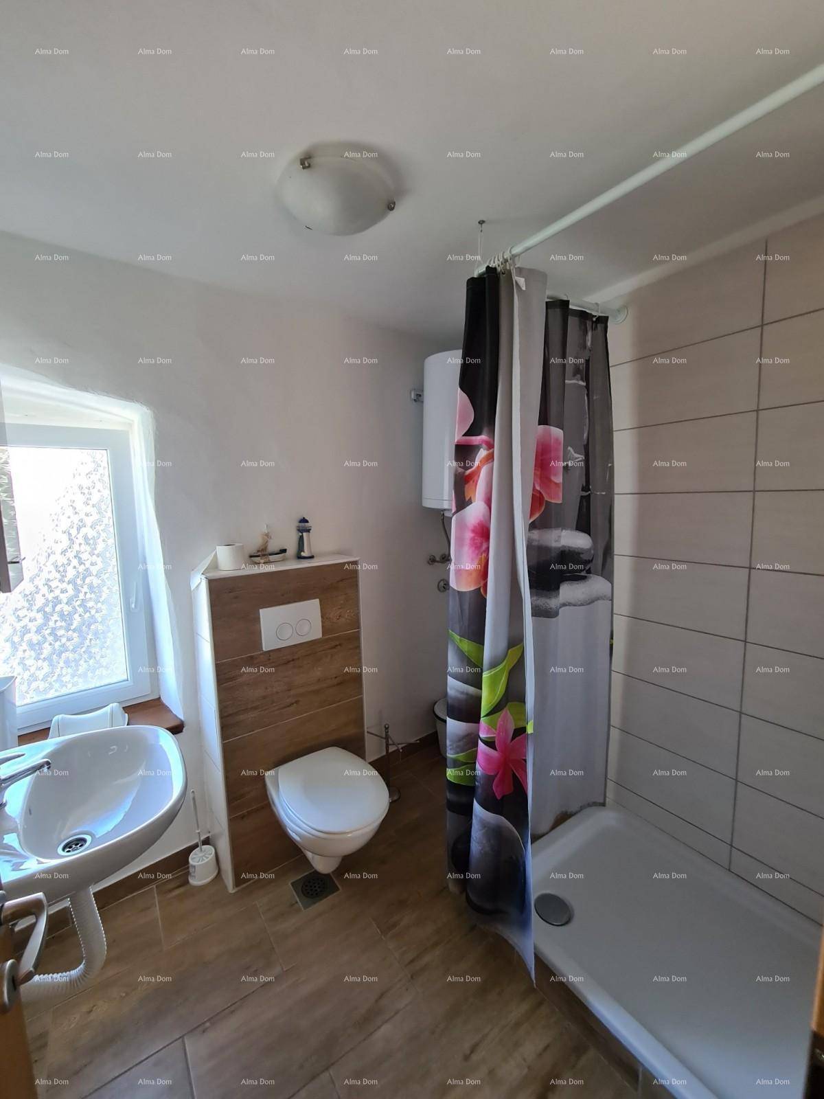 Badezimmer mit Duschbereich, wandhängendem WC und Fenster.