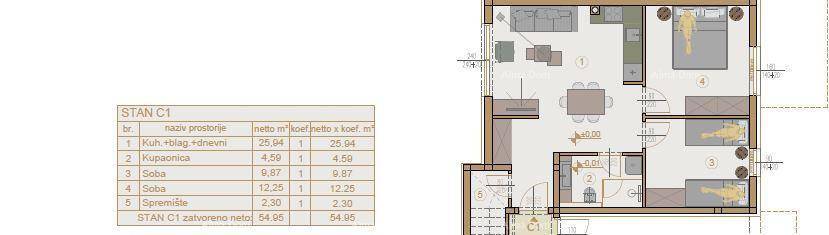 Grundriss einer Wohnung mit drei Schlafzimmern, offenem Wohnbereich und Balkonzugang.