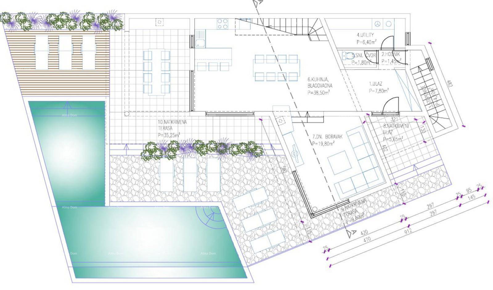 Grundriss eines Hauses mit offenem Wohnbereich, Terrasse und großem Swimmingpool im Außenbereich.