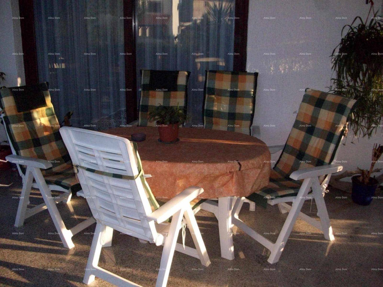 Gemütlicher Essbereich im Freien auf einer Terrasse mit karierten Stuhlkissen.