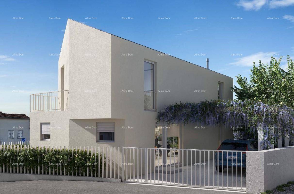 Ansicht der modernen Villa mit minimalistischer Fassade, Einfahrt und einem blühenden Baum am Eingang.