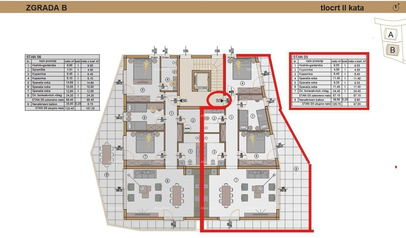 Grundriss des zweiten Stocks von Gebäude B mit zwei Wohnungen und großzügigen Terrassen.