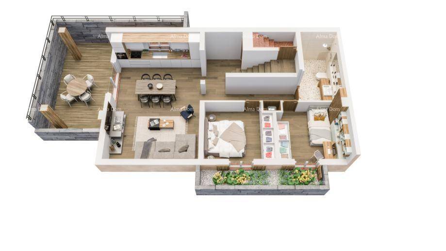 Dreidimensionaler Grundriss mit offener Küche, Wohnbereich, Schlafzimmern und Terrasse.