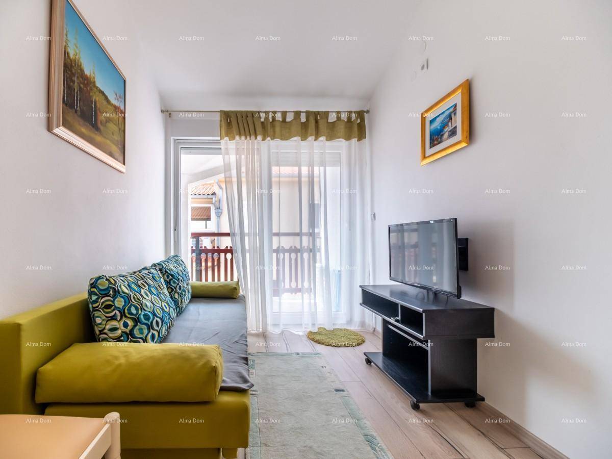 Gemütliches Wohnzimmer mit grünem Sofa, Fernseher, Holzboden und direktem Zugang zu einem Balkon.