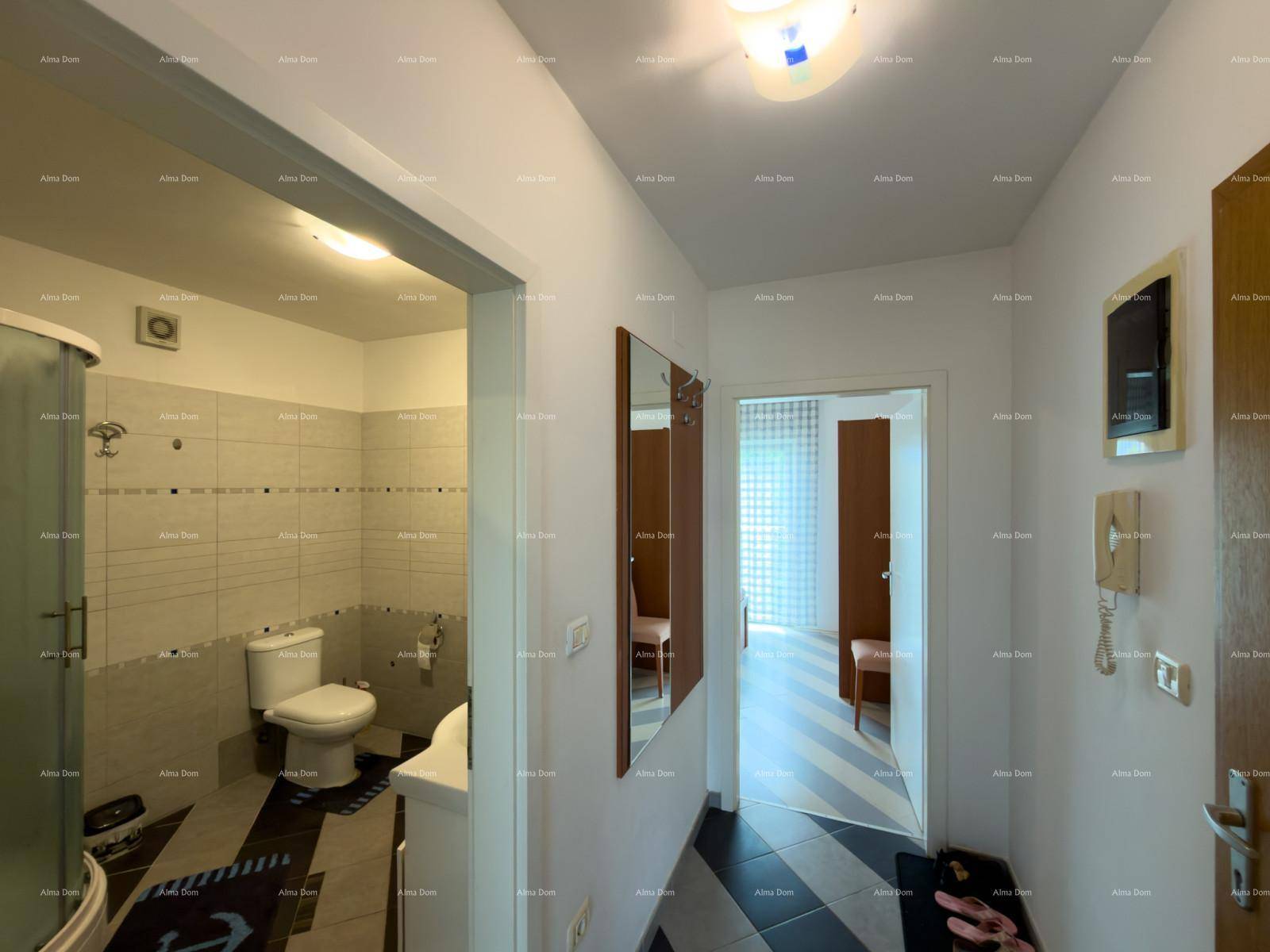 Heller Flur mit Zugang zum Badezimmer und einem weiteren Zimmer, ausgestattet mit Spiegel.