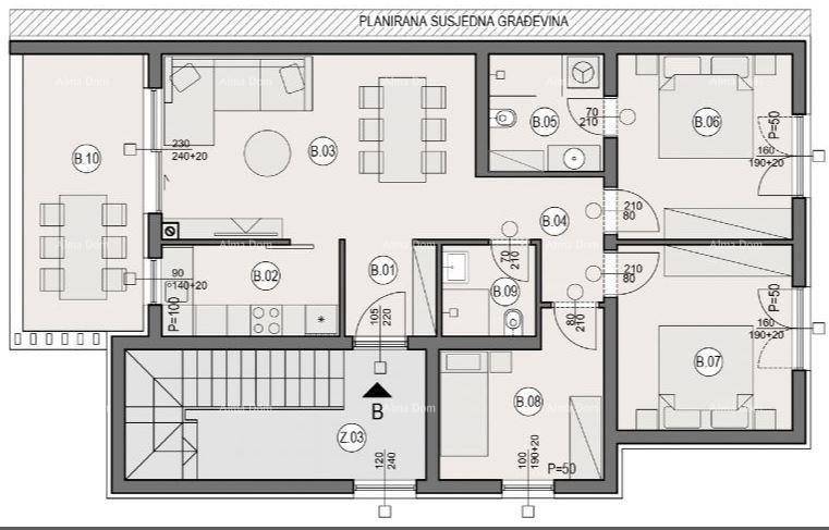 Grundriss einer Wohnung mit offenem Wohn-Essbereich, drei Schlafzimmern und einem Balkon.