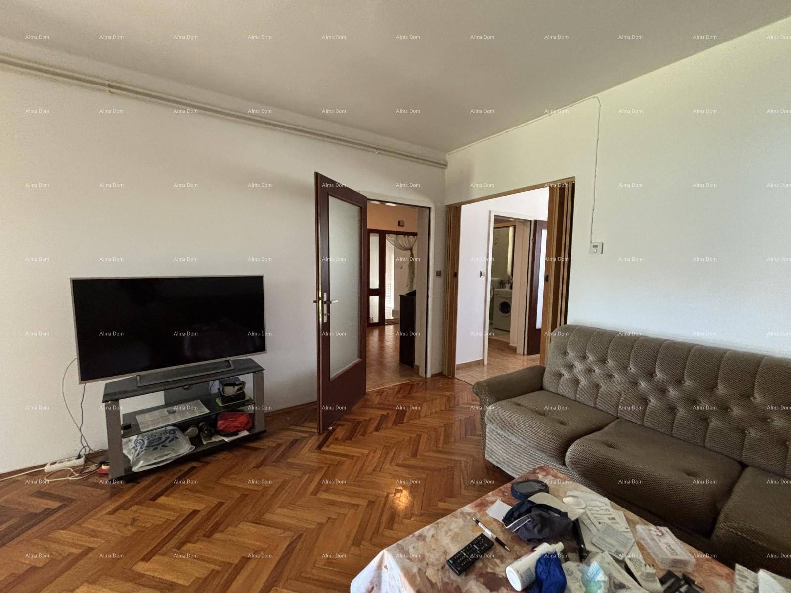 Wohnzimmer mit Parkettboden, Fernseher und Zugang zu weiteren Zimmern.