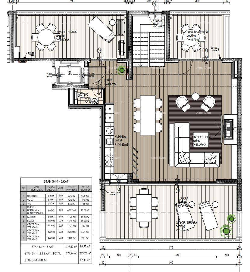 Grundriss des Erdgeschosses mit offenem Wohn-Essbereich, Küche und großer Terrasse.