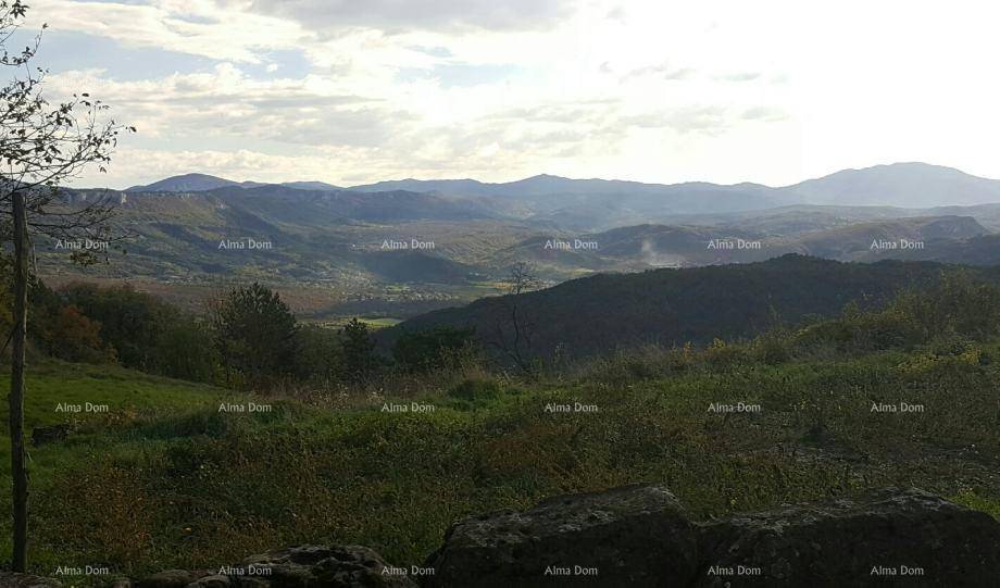Weitläufiger Blick über eine grüne Hügellandschaft mit Bergen und bewölktem Himmel.