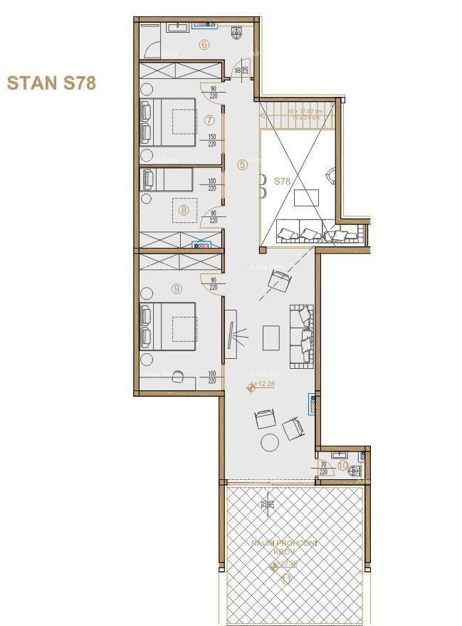 Grundriss der oberen Ebene der Wohnung S78 mit mehreren Schlafzimmern und Dachterrasse.