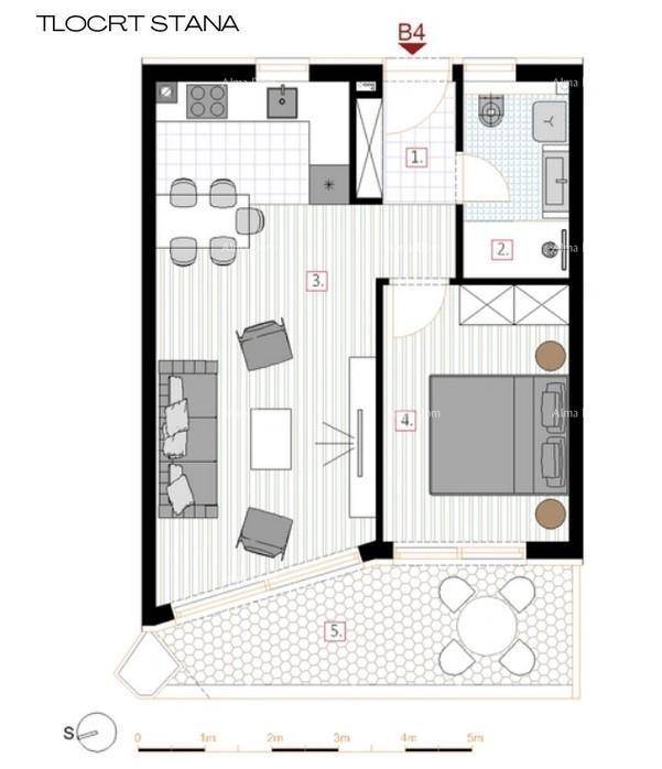 Detaillierter Grundriss einer Wohnung mit Wohnbereich, Schlafzimmer und Außenloggia.