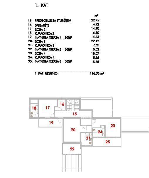 Grundriss des ersten Obergeschosses mit Schlafzimmern, Bädern und Terrassenbereichen.