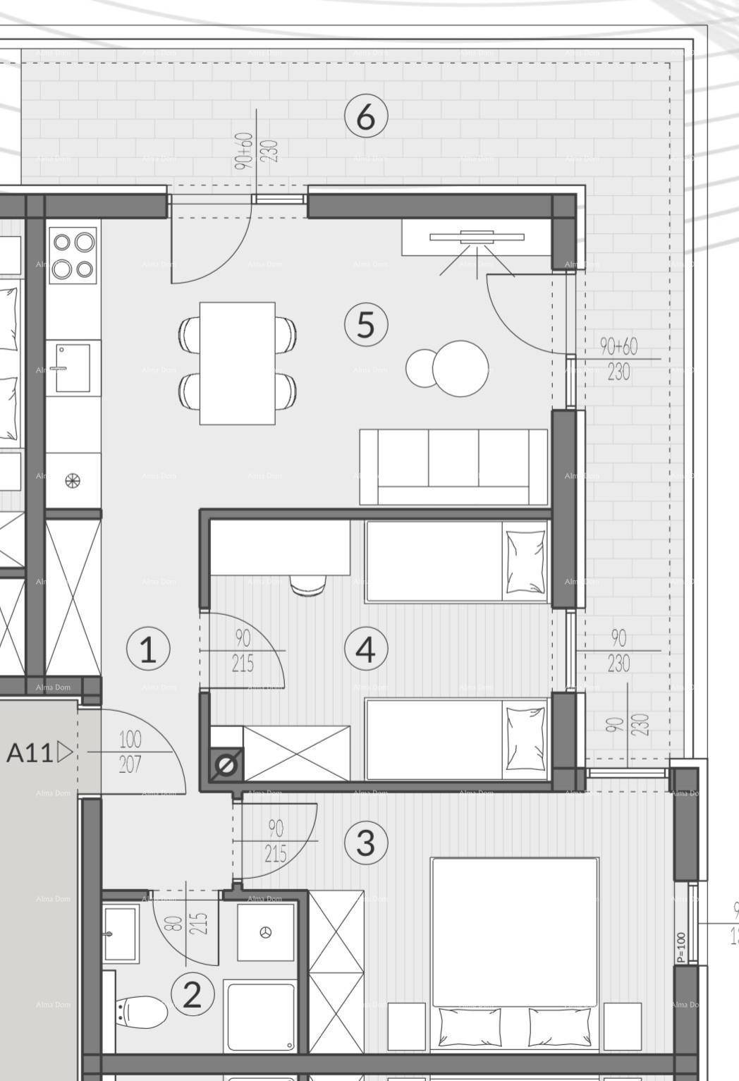 Grundriss der Wohnung A11 mit Wohnbereich, zwei Schlafzimmern und Terrasse.