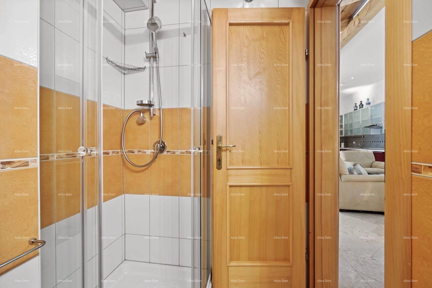 Duschbereich im Badezimmer mit Glasabtrennung und Handbrause, umgeben von Fliesen.