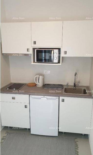 Funktionale Küchenzeile mit Mikrowelle, Kühlschrank und Spüle.