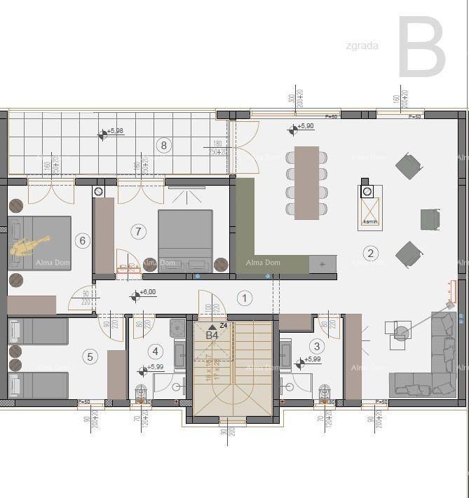 Grundriss einer Wohnung mit offenem Wohnbereich, drei Schlafzimmern und zwei Bädern.