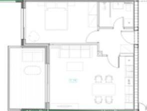 Grundriss einer Wohnung mit Schlafzimmer, Wohnbereich und offener Küche.