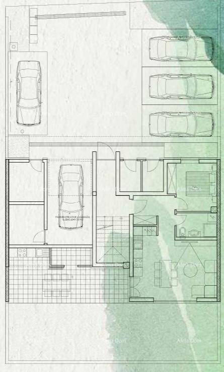 Detaillierter Grundriss mit Wohnbereichen, Bad und mehreren Parkplätzen.