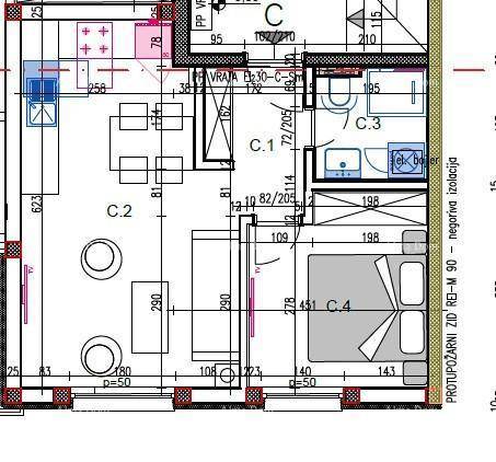 Detaillierter Grundriss mit offenem Wohnbereich, Schlafzimmer und Badezimmer.
