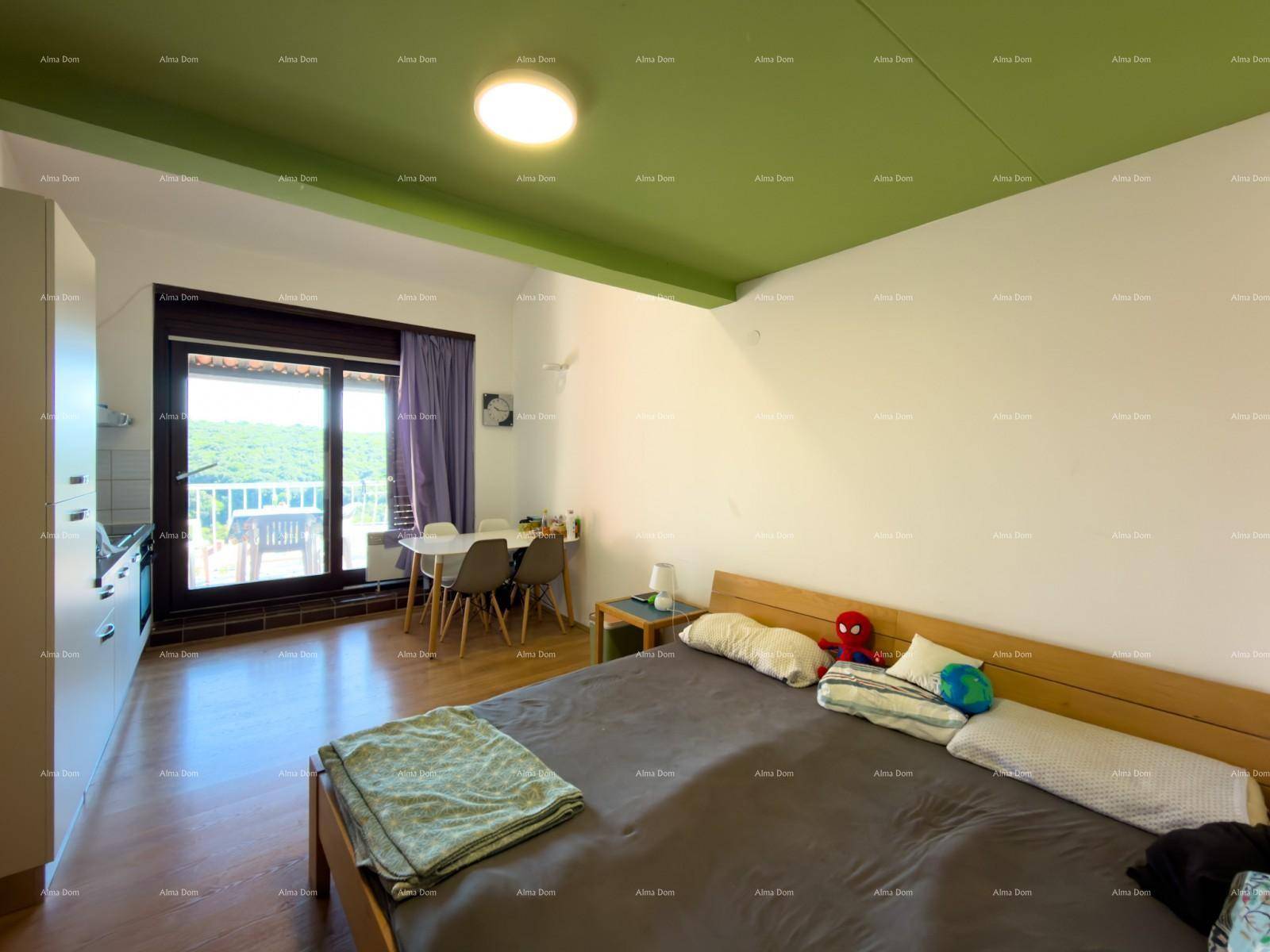 Kombinierter Wohn- und Schlafbereich mit Essplatz und Zugang zu einem Balkon.