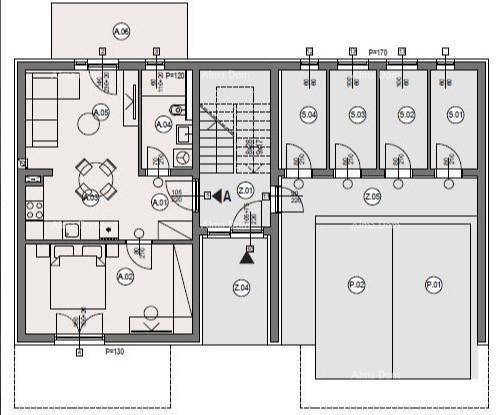Grundriss einer Wohneinheit mit Küche, Wohnzimmer, Schlafzimmer und Parkplätzen.
