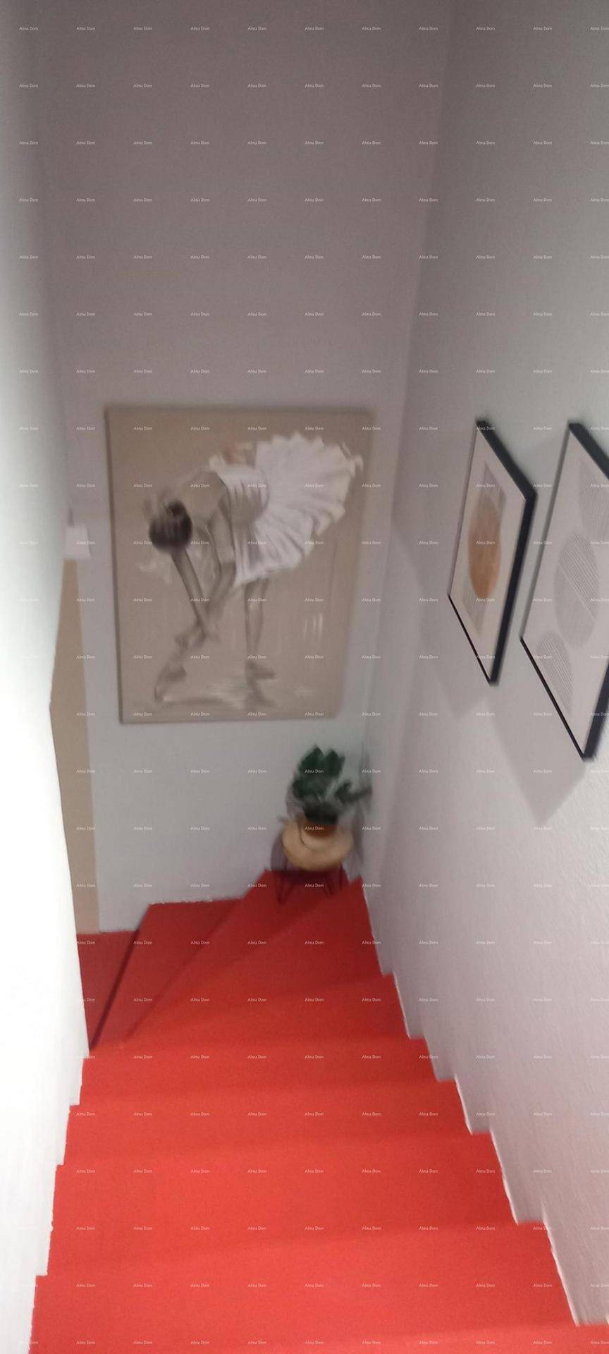 Treppenhaus mit rotem Teppichboden und dekorativem Gemälde an der Wand.