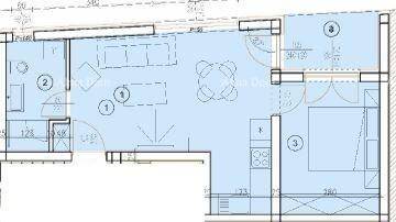 Grundriss einer Wohnung mit offenem Wohnbereich, Schlafzimmer und Badezimmer.