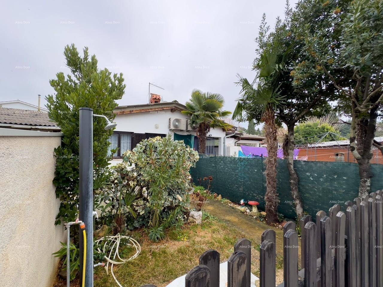 Gartenansicht mit Außendusche, Palmen und einem Blick auf das Haus im Hintergrund.