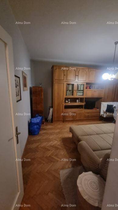 Geräumiges Wohnzimmer mit einem großen Holzschrank, einem bequemen Sofa und elegantem Parkettboden.