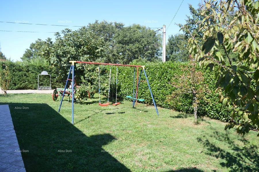 Kinderspielplatz mit Schaukeln auf einer Rasenfläche, umgeben von einer hohen Hecke an einem sonnigen Tag.