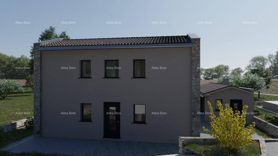 Vorderansicht eines modernen Hauses mit schlichter Fassade und dunklen Fenstern.
