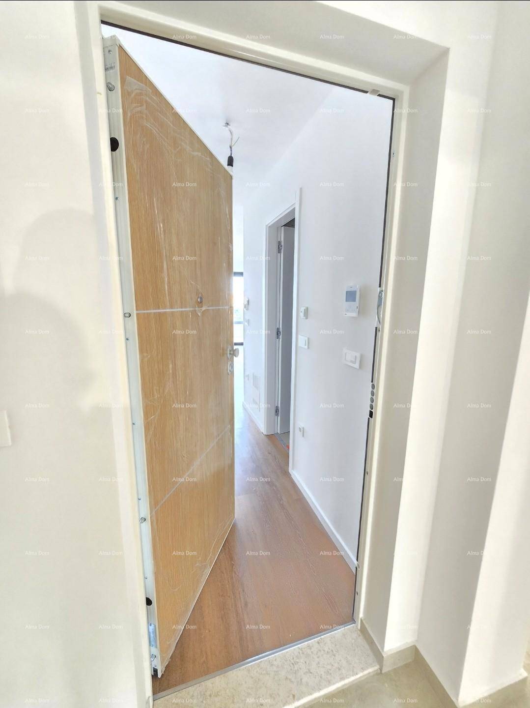 Eingangsbereich mit offener Holztür und hellem Flur mit Parkettboden.