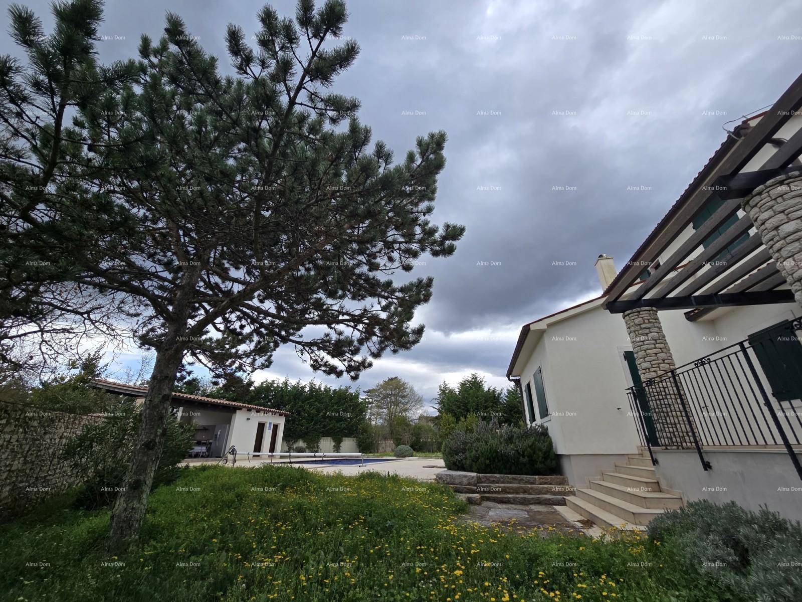Seitlicher Blick auf das Haus mit einer Steinfassade, einer Terrasse und einem gepflegten Gartenbereich.