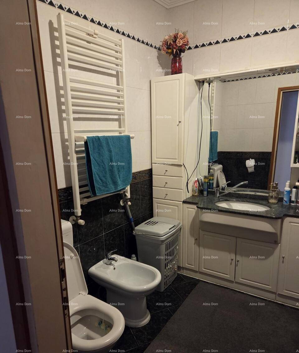 Badezimmer mit Toilette, Bidet, Waschbecken und beheiztem Handtuchhalter.