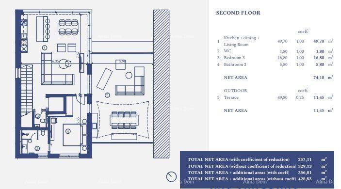 Grundriss des zweiten Obergeschosses mit offener Küche, Wohnzimmer und drittem Schlafzimmer.