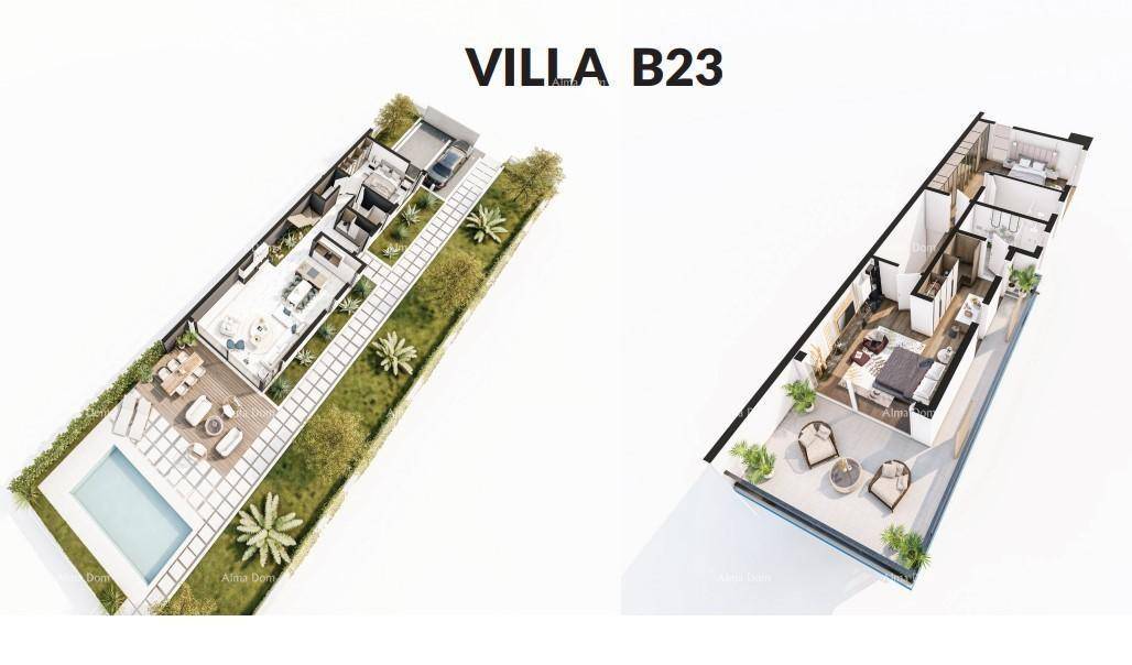 3D-Grundrissvisualisierung der Villa mit Erdgeschoss und Obergeschoss.