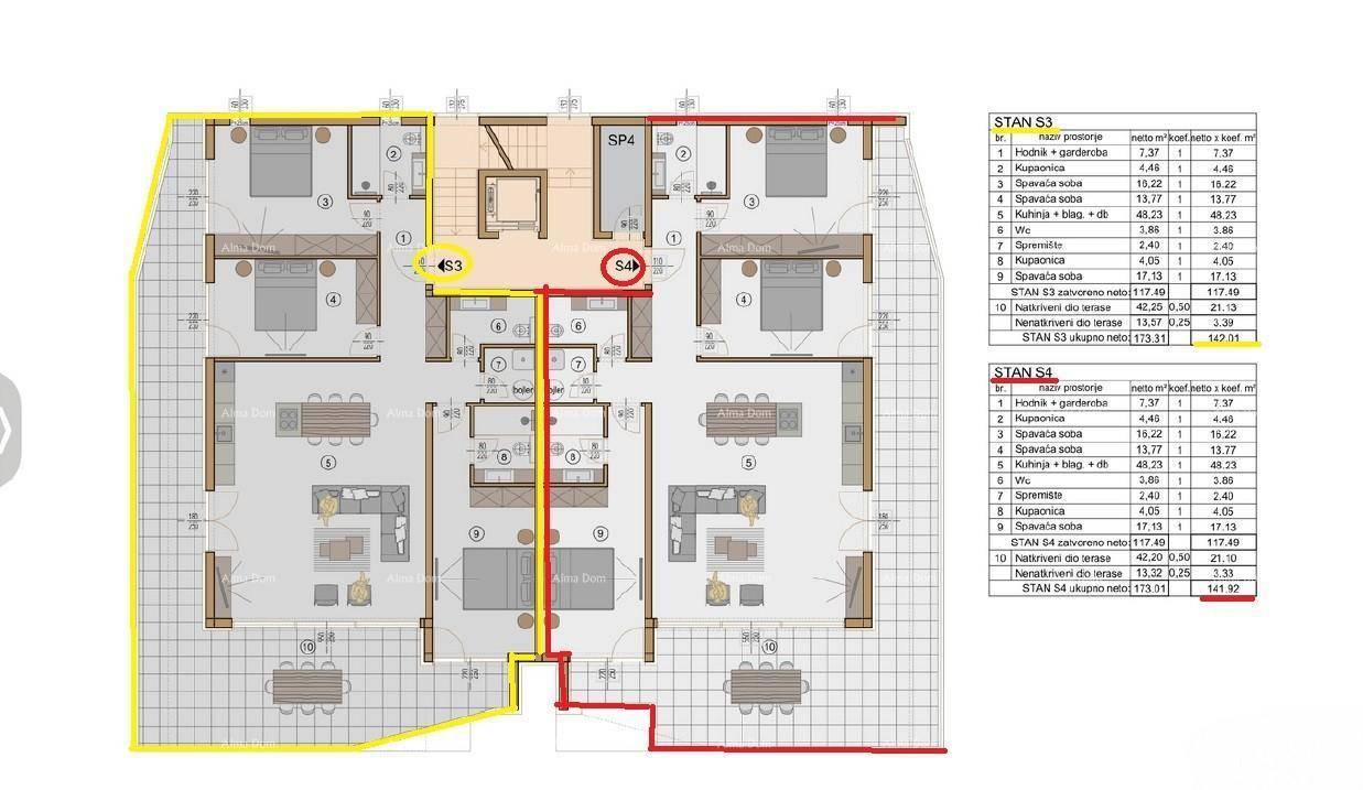 Grundrissplan einer Etage mit mehreren Wohneinheiten, Schlafzimmern und offenem Wohnbereich.