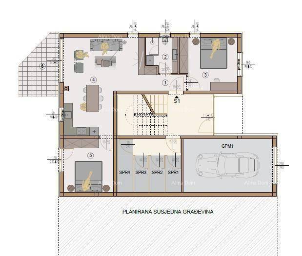 Grundriss einer Wohnung mit offenem Wohnbereich, zwei Schlafzimmern und Garage.