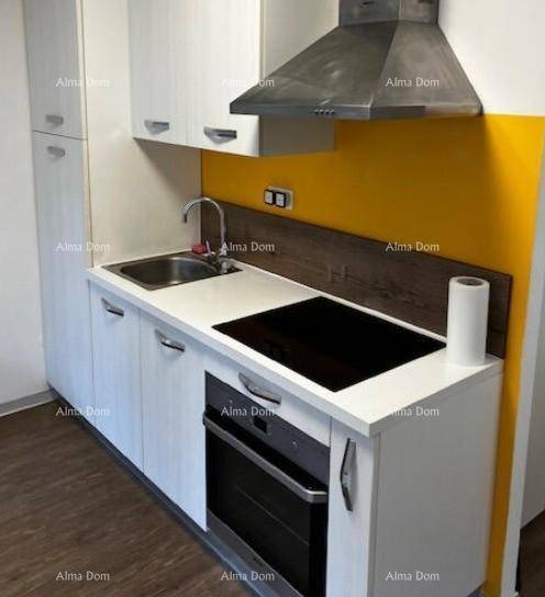 Moderne Küchenzeile mit weißen Schränken, Induktionskochfeld und Dunstabzugshaube.