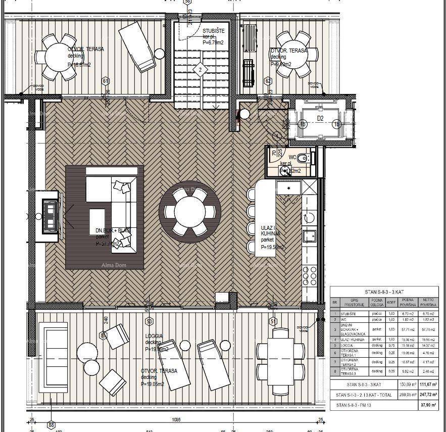 Grundriss einer Etage mit offenem Wohnbereich, Esszimmer und zwei Terrassen.