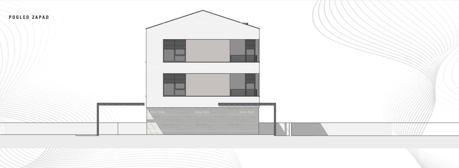 Architektonische Ansicht der Westfassade eines modernen Wohngebäudes mit Satteldach.