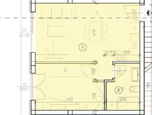 Grundriss einer Wohneinheit mit offenem Wohnbereich, Badezimmer und großen Fenstern.