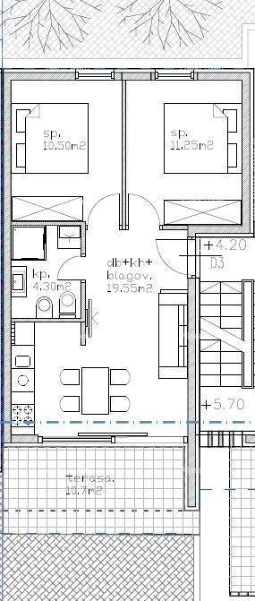 Grundriss einer Wohnung mit zwei Schlafzimmern, offenem Wohnbereich und einer Terrasse.