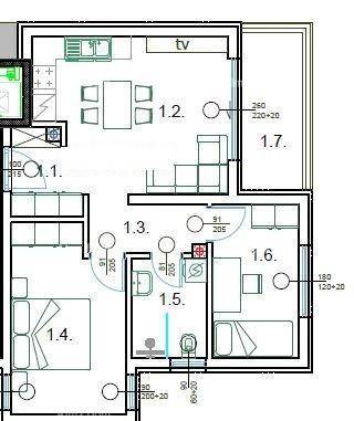 Detaillierter Grundriss einer Wohnung mit zwei Schlafzimmern und offenem Wohnbereich sowie Terrasse.