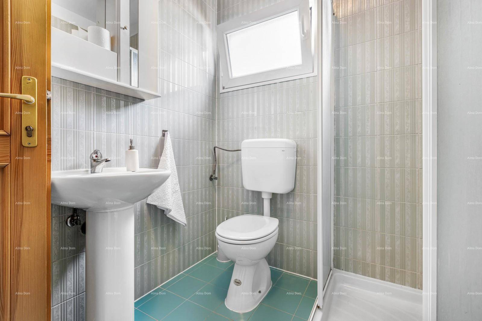 Helles Badezimmer mit Duschkabine, WC und Waschtisch in schlichtem Design.