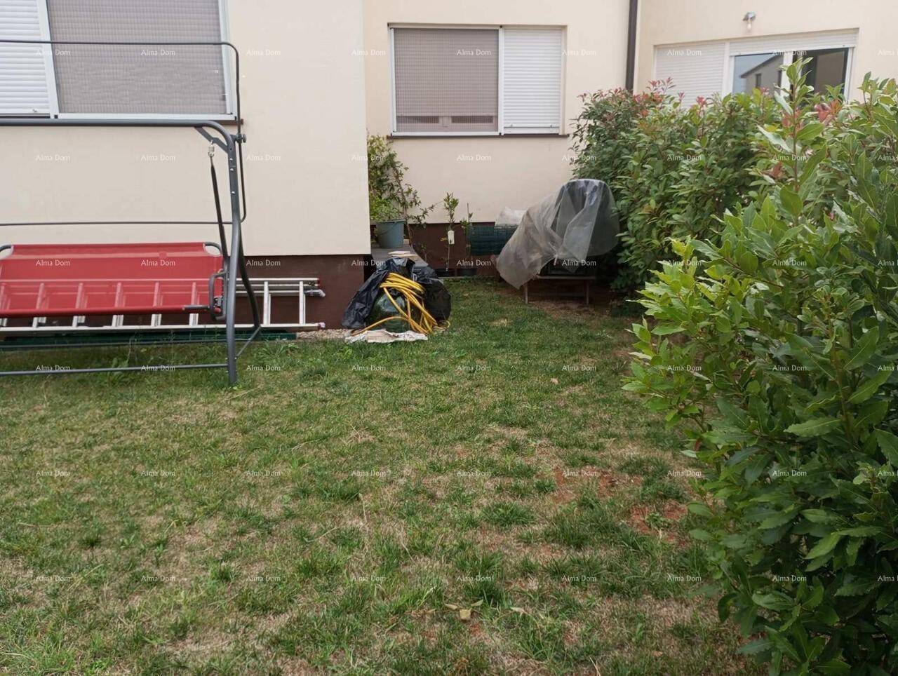Grüner Gartenbereich mit Rasenfläche, Büschen und einem Schaukelgestell.