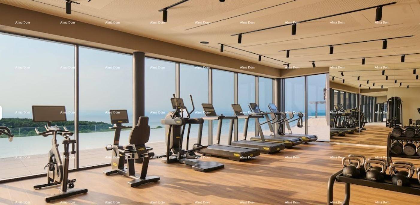 Modernes Fitnessstudio mit großen Fenstern, Holzboden und vielfältigen Trainingsgeräten.