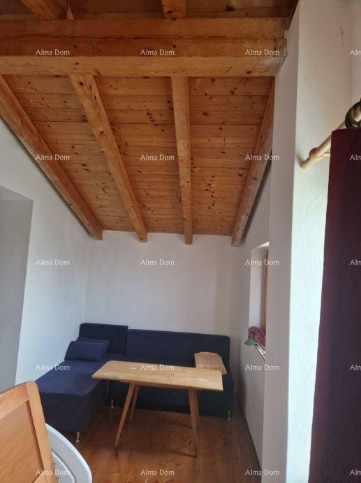 Gemütliches Zimmer mit Holzbalkendecke, Holzboden und einem Schlafsofa.