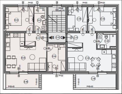 Grundriss einer Etage mit zwei Wohneinheiten, Bädern, Schlafzimmern und Balkonzugang.